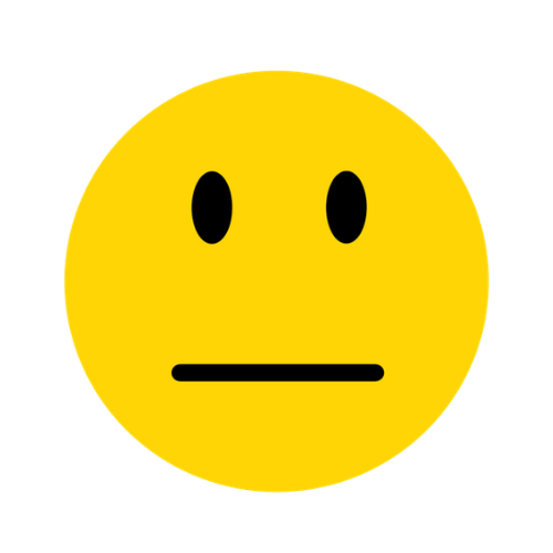 A simple yellow smiley face with a neutral expression, featuring two black dots for eyes and a straight line for a mouth.