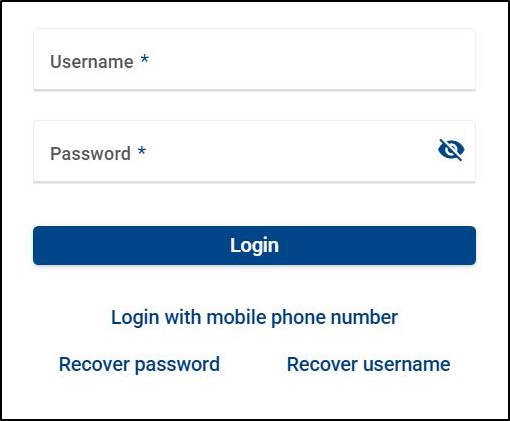Login form with fields for username and password, and buttons for login, recovering password, and username.